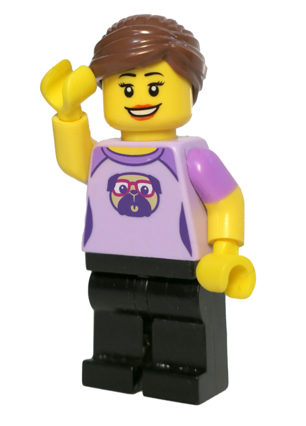 Lego minifigure of a lady wearing a pug shirt